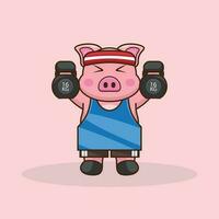 sportif porc dans bleu uniforme, une dessin animé illustration levage kettlebells vecteur