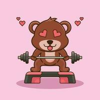 la musculation, mignonne ours levage haltère. Gym faire des exercices mascotte dessin animé vecteur icône illustration