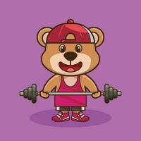 la musculation, mascotte logo ours levage haltère. Gym faire des exercices logo, mignonne autocollant, dessin animé style vecteur