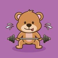 la musculation, mascotte logo ours levage haltère. Gym faire des exercices mascotte, mignonne autocollant, dessin animé style vecteur