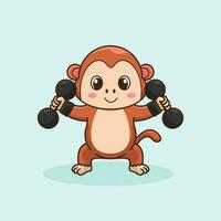 mascotte logo singe levage haltère mignonne autocollant, Gym faire des exercices mascotte, dessin animé style. vecteur
