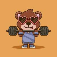 mignonne mascotte, mignonne ours animal levage haltère. Gym faire des exercices mascotte, mignonne autocollant, dessin animé style vecteur