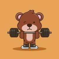 mignonne mascotte, adorable ours levage haltère. Gym faire des exercices mascotte, mignonne autocollant, dessin animé style vecteur