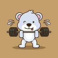 physique exercer, ours levage haltère. Gym faire des exercices icône, mascotte logo, mignonne autocollant, dessin animé style vecteur