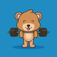 physique exercer, mascotte logo ours levage haltère. mignonne autocollant, Gym faire des exercices icône, dessin animé style vecteur