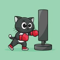 animal mascotte, mignonne chat boxeur portant boxe gants frappe le perforation sac entraînement, exercice dans le salle de sport. mignonne autocollant, Gym faire des exercices mascotte, dessin animé style vecteur