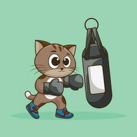 mignonne mascotte, mignonne chat boxeur portant boxe gants frappe le perforation sac entraînement, exercice dans le salle de sport. Gym faire des exercices icône, mignonne autocollant, dessin animé style vecteur