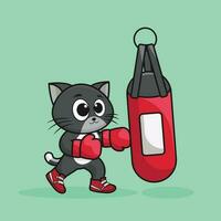 adorable chat boxeur portant boxe gants frappe le perforation sac entraînement, exercice dans le salle de sport. mignonne autocollant, Gym faire des exercices mascotte, dessin animé style vecteur