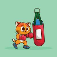 animal mascotte, mignonne chat boxeur portant boxe gants frappe le perforation sac entraînement, exercice dans le salle de sport. Gym faire des exercices dessin animé vecteur icône illustration