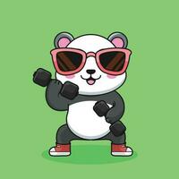 mignonne mascotte Panda ours levage haltère Gym faire des exercices icône, mignonne autocollant, dessin animé style vecteur