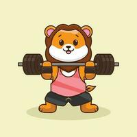 mignonne dessin animé Lion levage une kettlebell. dessin animé vecteur icône illustration. plat dessin animé style