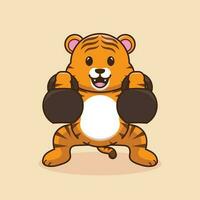 adorable dessin animé tigre levage kettlebell démontrer Puissance vecteur plat illustration. formation avec lourd équipement isolé. fort tigre ayant faire des exercices