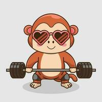 mignonne mascotte, mignonne mascotte singe levage haltère. Gym faire des exercices icône, mignonne autocollant, dessin animé style vecteur