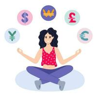 femme dans lotus pose avec pièces de monnaie de devise de différent des pays. concept de commerce, investir, gagner argent en ligne, argent gestion, personnel la finance gestion, financier l'alphabétisation, passif profit vecteur