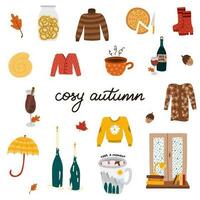 hygge l'automne ensemble avec confortable et mignonne main tiré agrafe les arts de saisonnier vêtements et chaussures, nourriture et boissons, Accueil décor pour confort. chaud tricoté chandails, bougies, Réchauffé du vin et chaud cacao, boulangerie. vecteur