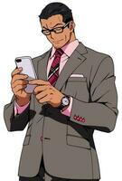 homme d'affaire vérification téléphone intelligent anime vecteur