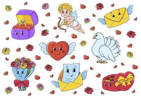 ensemble de personnages de dessins animés mignons. clipart de la Saint-Valentin. dessiné à la main. pack coloré. illustration vectorielle. collection de badges de patch. éléments de conception d'étiquettes. pour planificateur quotidien, agenda, organisateur. vecteur