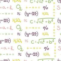 coloré sans couture modèle avec main tiré griffonnage chimique, mathématique, géométrique formules et symboles sur une blanc Contexte vecteur