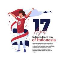 illustration de le fête de indonésien indépendance, une Jeune homme soulève une drapeau dans le sien main vecteur
