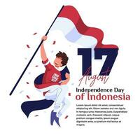 illustration de le fête de indonésien indépendance, une content Jeune homme porter une drapeau bâton vecteur