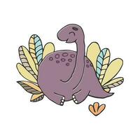 dinosaure des sites dans tropical des buissons Jeune et violet. mignonne illustration pour garçons et les filles T-shirt impressions et les enfants ou des gamins conception vecteur