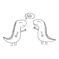 2 dinosaures rencontrer et saluer. mignonne marrant dessin animé dinosaure dessin croquis. main dessin pour des gamins coloration livre ou conception. vecteur