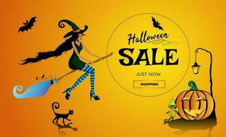 Halloween vente promotion affiche, bannière avec une magnifique noir sorcière en volant sur une manche à balai, une noir chat et une amusement citrouille. embrasé champignons et chauves-souris. Orange pente Contexte. vecteur