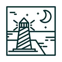 paysage phare océan lune nuit ciel dessin animé ligne icône style vecteur
