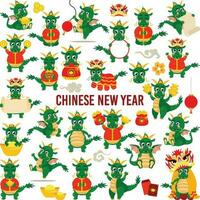 amusement paquet de vert dragon chinois Nouveau année fête avec ensemble numérique éléments vecteur