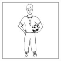 footballeur. une homme en jouant football. garçon en portant une balle. dessiné à la main griffonnage football illustration. vecteur