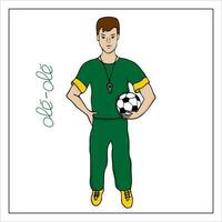 footballeur. une homme en jouant football. garçon en portant une balle. dessiné à la main griffonnage football illustration. vecteur