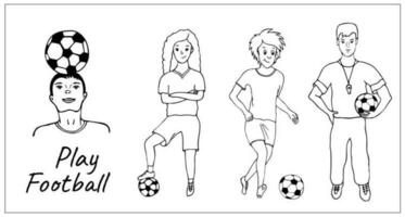 Football joueurs. Masculin et femelle personnages en jouant football. garçon en jouant avec une balle. fille en jouant football. dessiné à la main griffonnage football illustration. vecteur