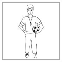 footballeur. une homme en jouant football. garçon en portant une balle. dessiné à la main griffonnage football illustration. vecteur