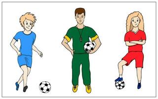 dessin animé Football joueurs. Masculin et femelle footballeurs. une Football entraîneur. dessiné à la main griffonnage football illustration. vecteur