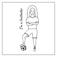 femelle footballeur. vecteur dessiné à la main griffonnage illustration. fille avec une balle.