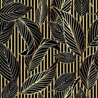 art déco ancien sans couture modèle avec mélanger de d'or rayures et linéaire feuilles sur noir Contexte. luxe détaillé ligne art plante et géométrique éléments vecteur