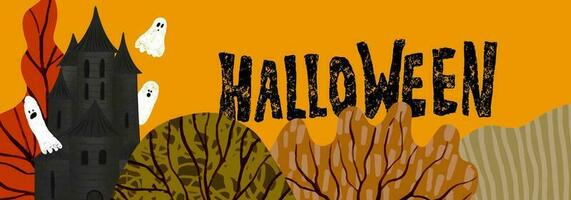 bannière pour Halloween avec maison de des fantômes, forêt et Halloween craie caractères sur Orange Contexte. main tiré illustration vecteur