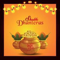 carte de voeux de célébration de shubh dhanteras avec pièce d'or et kalash vecteur