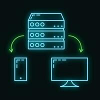 éloigné ordinateur serveur Les données nuage icône lueur néon style, protéger base de données espace de rangement La technologie contour plat vecteur illustration, isolé sur blanche.