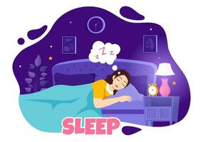 sommeil vecteur illustration avec content Jeune la personne est vite endormi et ayant une sucré rêver dans soins de santé main tiré Contexte nuit modèles