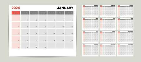 mensuel bureau calendrier modèle pour 2024 an. la semaine départs sur dimanche. mur calendrier 2024 dans une minimaliste style, ensemble de 12 mois, planificateur, impression modèle, Bureau organisateur vecteur. vecteur