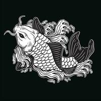 main tiré koi poisson aquatique noir blanc ancien foncé art pour tatouage et Vêtements illustration vecteur