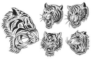 ensemble paquet tigre tête en colère bête rugissement mascotte pour tatouage Vêtements noir et blanc main tiré illustration vecteur