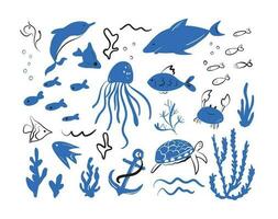 mignonne dessin animé requin, crabe, méduse, étoile, dauphin, tortue , poisson, mer la vie - vecteur dessin animé illustration.pêche modèle.