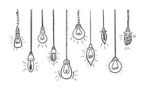 lumière ampoules ensemble. lampe dans griffonnage style, main dessiné. affaires idée concept, électrique lampe, énergie. lumière ampoule avec incurvé lignes. vecteur illustration.