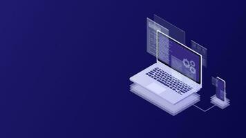 Logiciel développement et code essai ui pour mobile et ordinateur sur isométrique vue vecteur