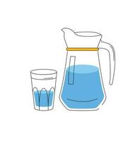cruche et verre avec l'eau dans le plat dessin animé style. vecteur
