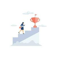 femme d'affaires escalade échelle à d'or trophée, plat vecteur moderne illustration