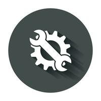 un service outils plat vecteur icône. roue dentée avec clé symbole logo illustration sur noir rond Contexte avec longue ombre.