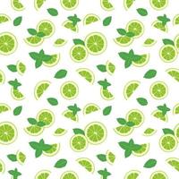 modèle sans couture de tranches de citron vert et de feuilles de menthe sur fond blanc. un ensemble d'agrumes pour un mode de vie sain. illustration vectorielle à plat de nourriture utile vecteur